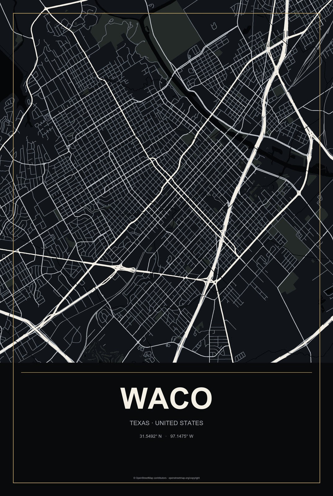 Waco, Texas City Map Aluminum Sign in Metropolitan Noir style