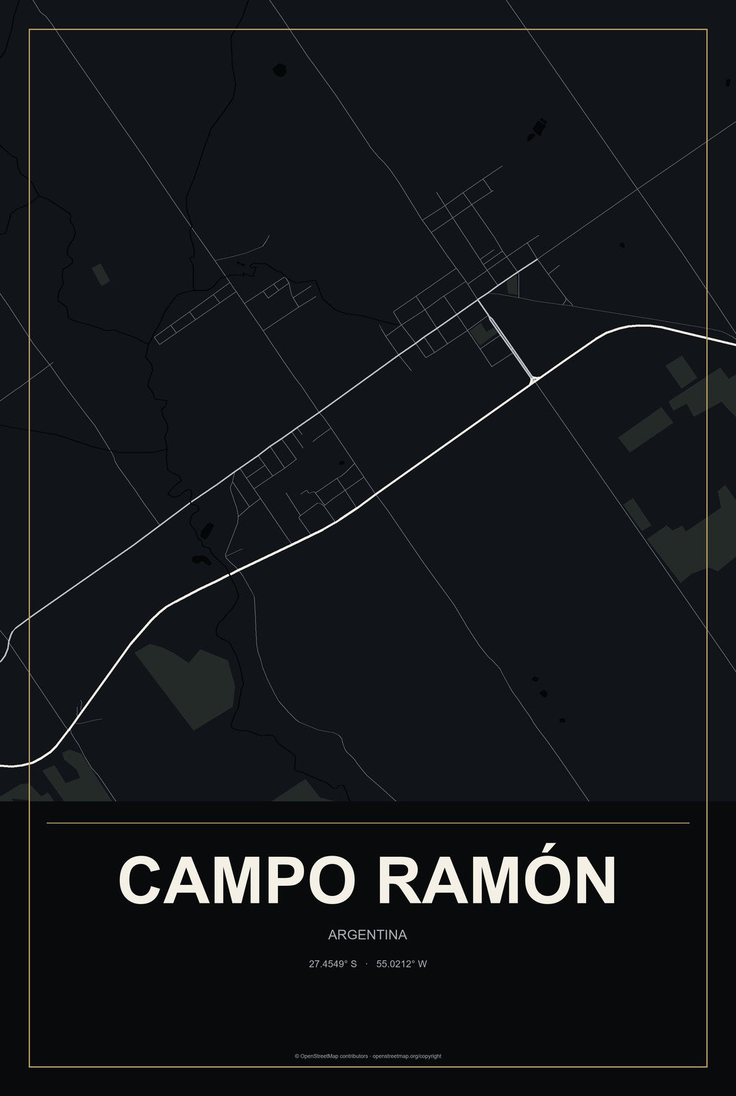 Campo Ramón, Argentina City Map Aluminum Sign in Metropolitan Noir style