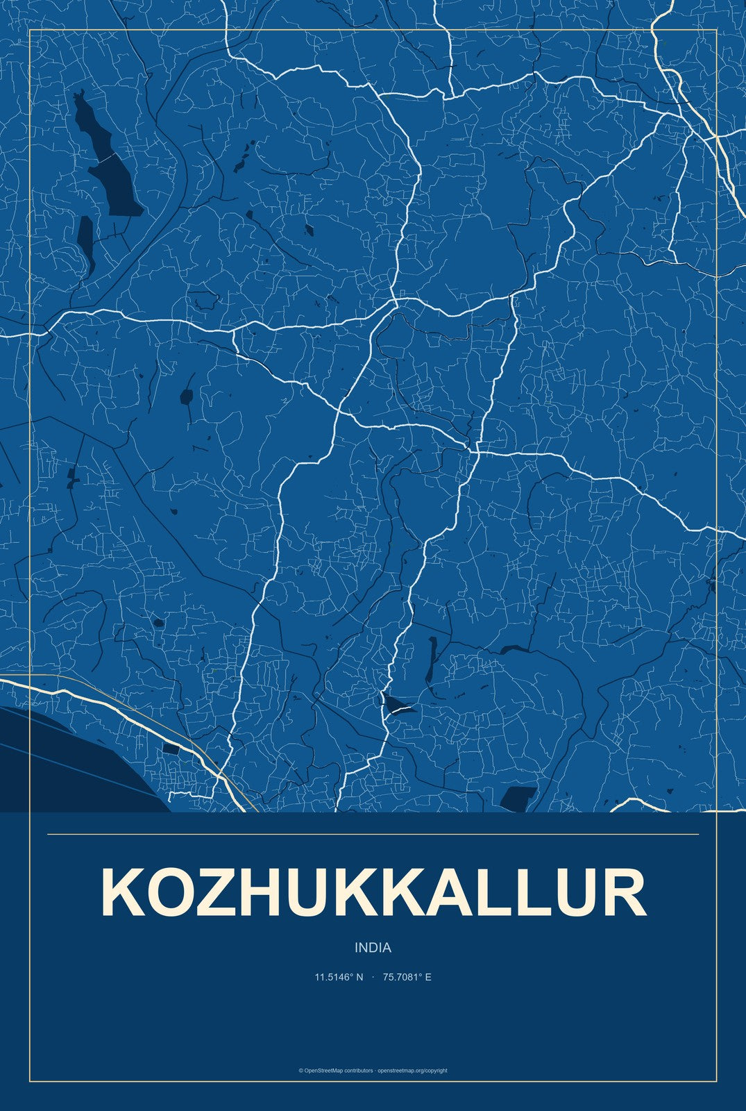 Kozhukkallur, India City Map Aluminum Sign in Harbor Cobalt style