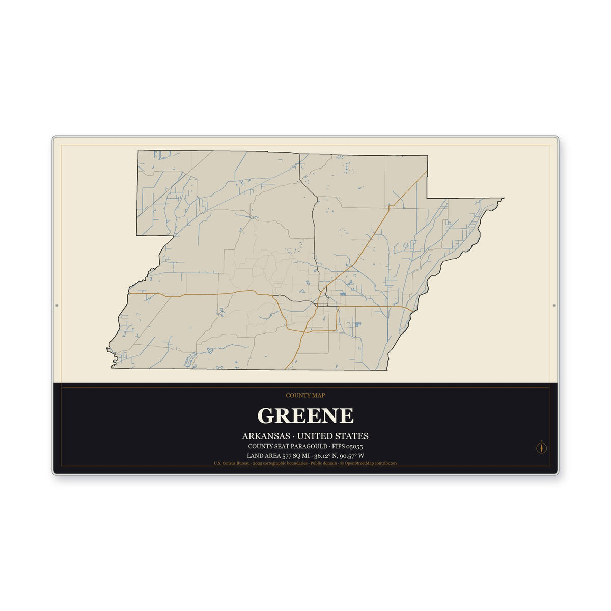 Greene County, Arkansas Map Aluminum Sign in Museum Plaque style