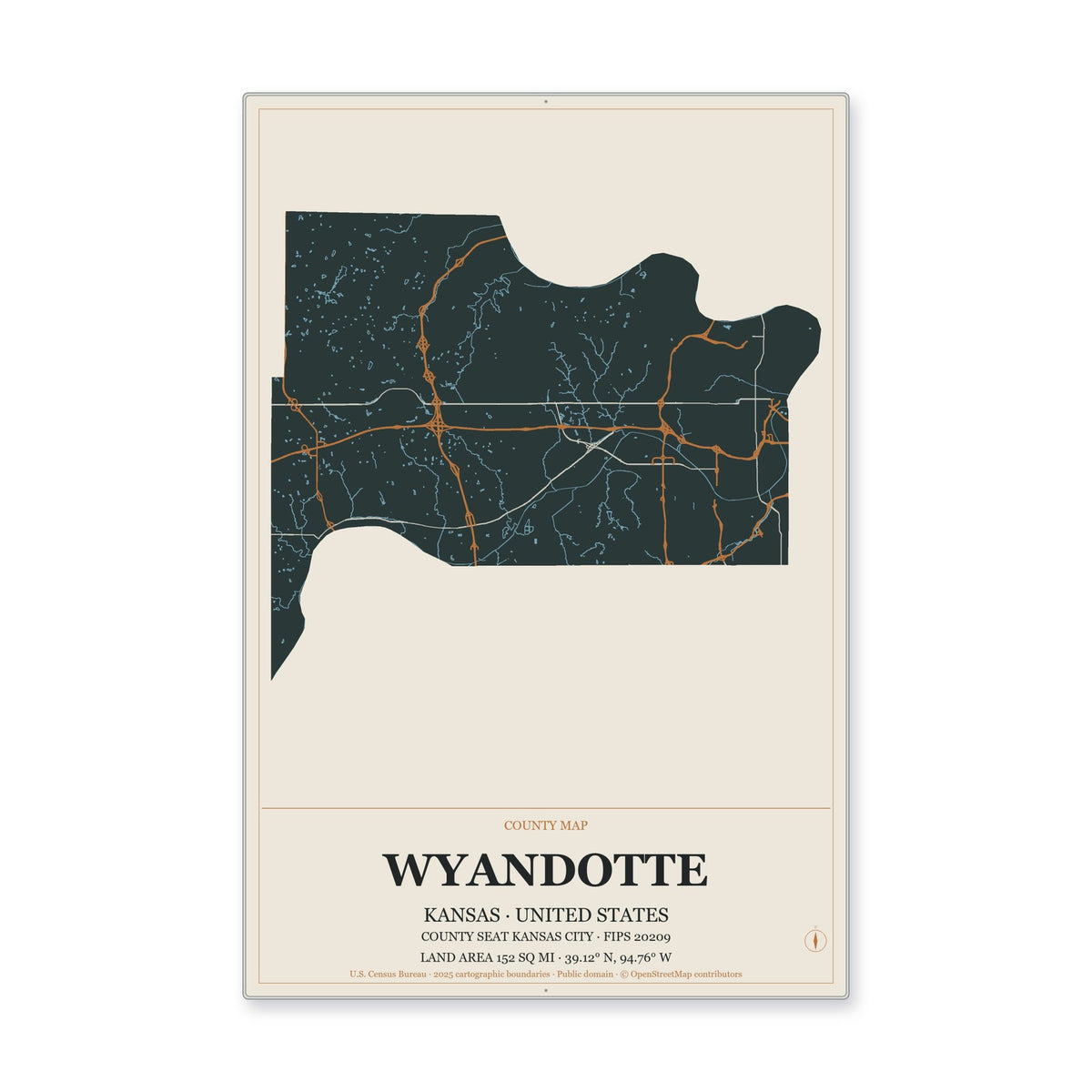 Wyandotte County, Kansas Map Aluminum Sign in Headline Atlas style