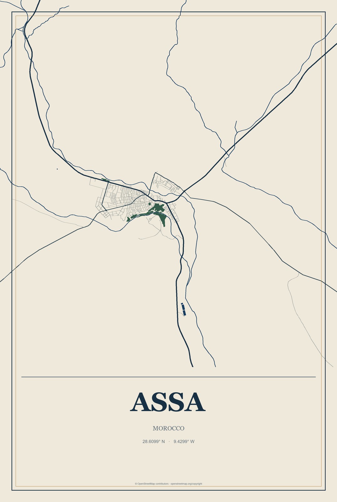 Assa, Morocco City Map Aluminum Sign in Coastal Cutout style