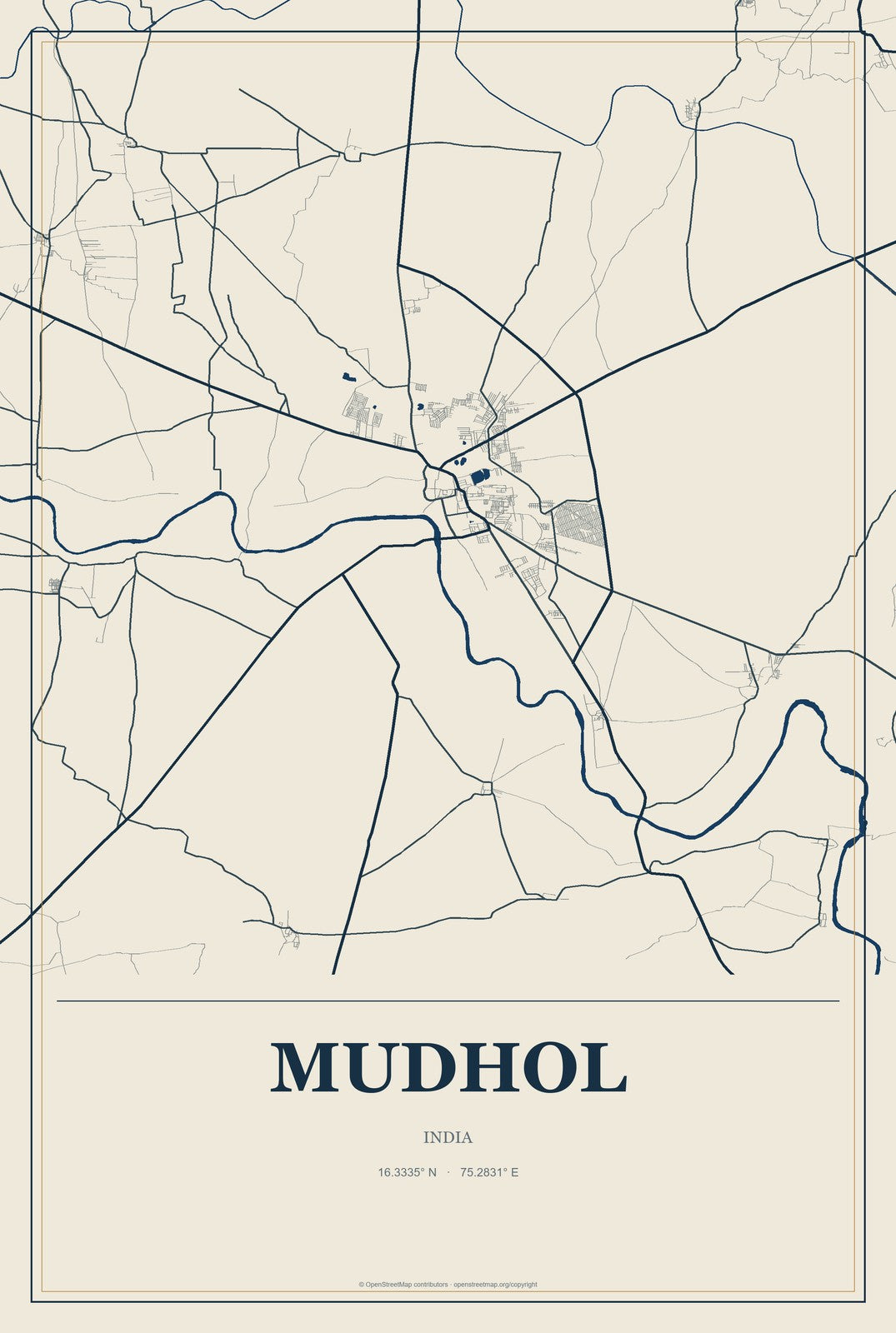 Mudhol, India City Map Aluminum Sign in Coastal Cutout style