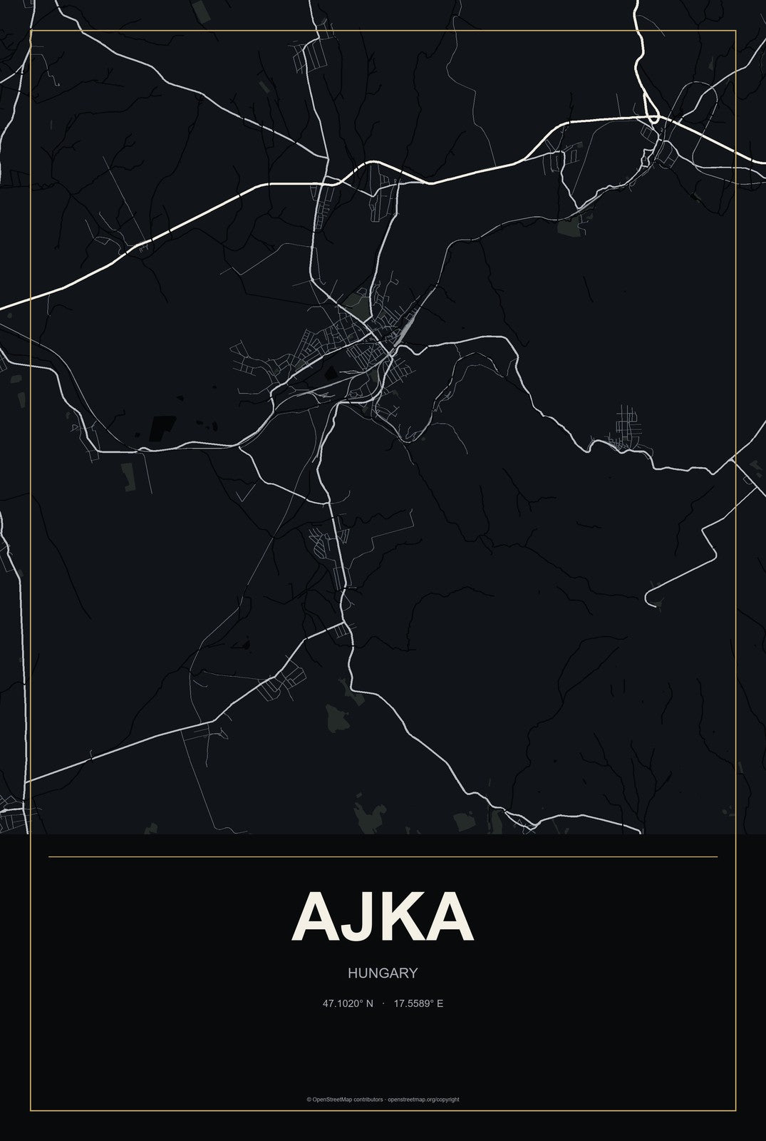 Ajka, Hungary City Map Aluminum Sign in Metropolitan Noir style