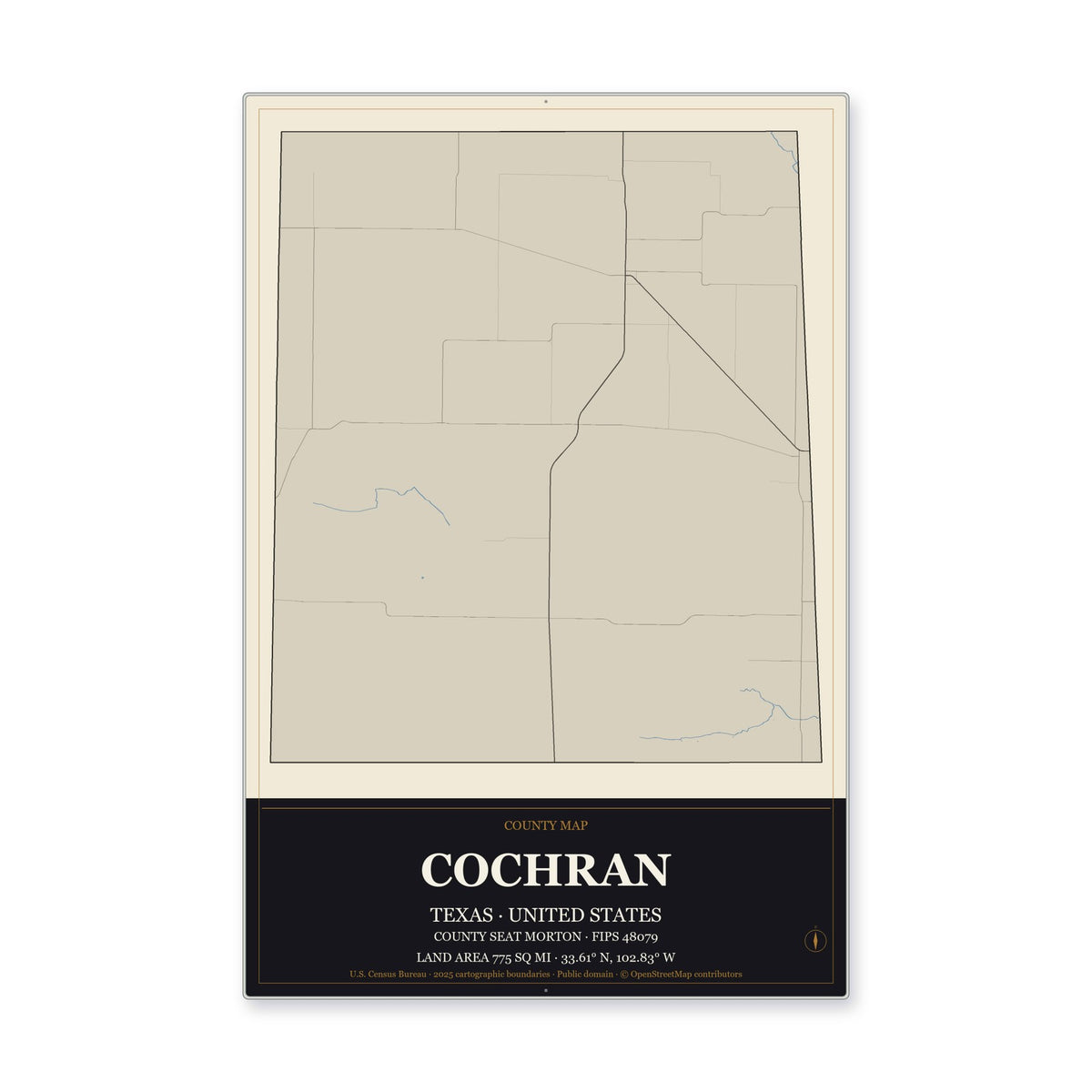 Cochran County, Texas Map Aluminum Sign in Museum Plaque style