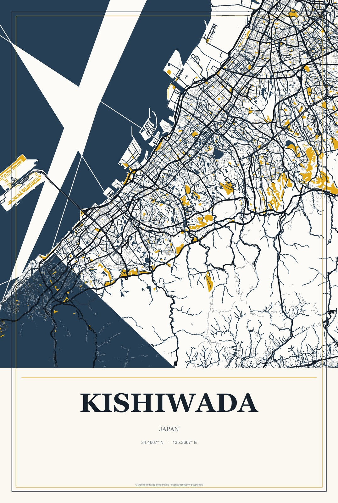 Kishiwada, Japan City Map Aluminum Sign in Citrine Modern style