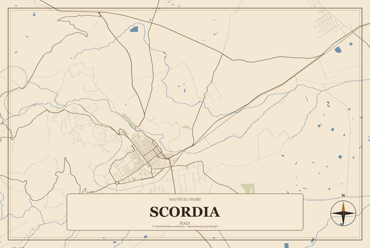 Scordia, Italy City Map Aluminum Sign in Heritage Nautical style