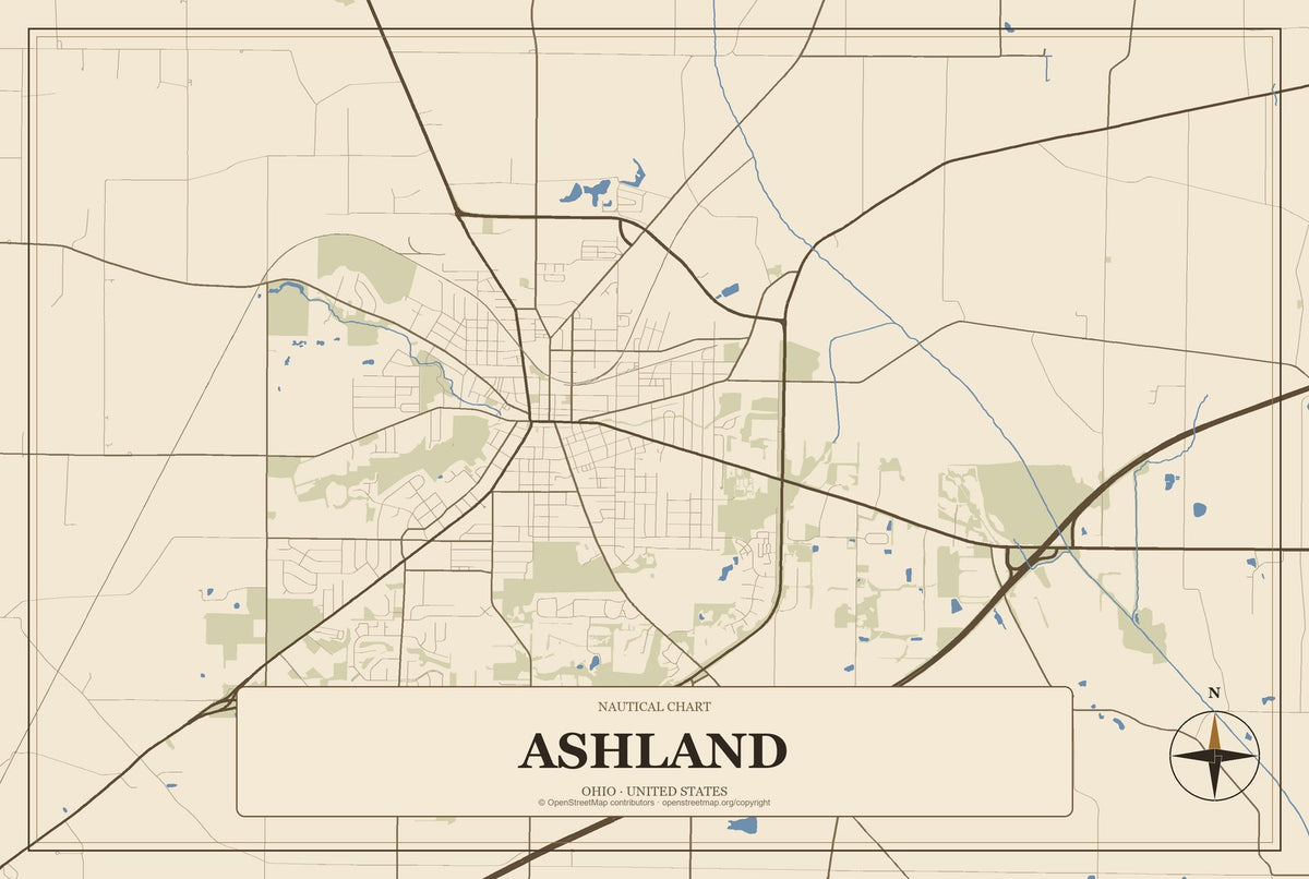 Ashland, Ohio City Map Aluminum Sign in Heritage Nautical style