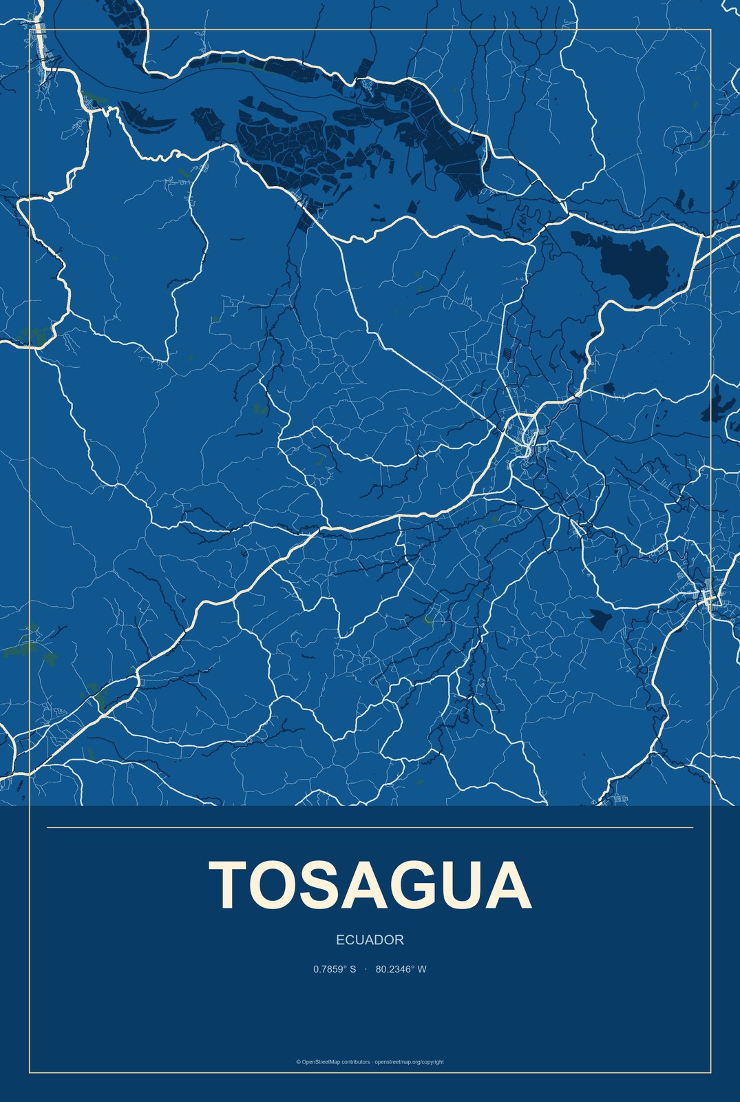 Tosagua, Ecuador City Map Aluminum Sign in Harbor Cobalt style