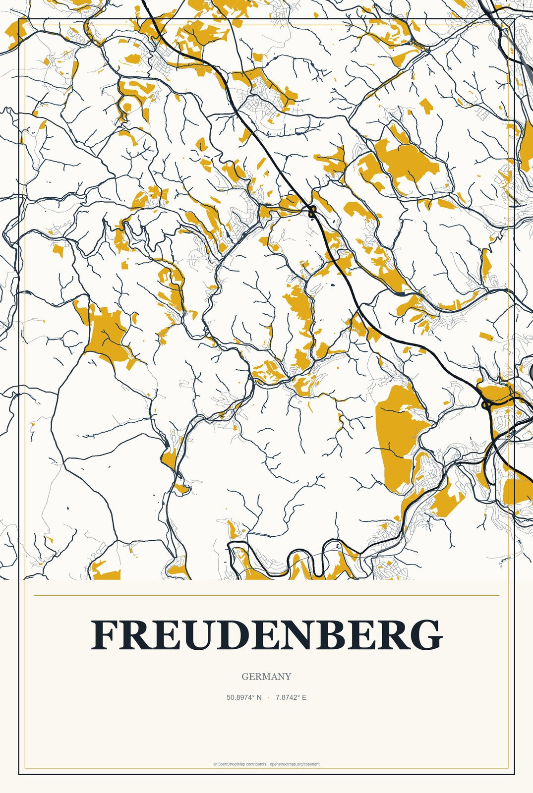 Freudenberg, Germany City Map Aluminum Sign in Citrine Modern style