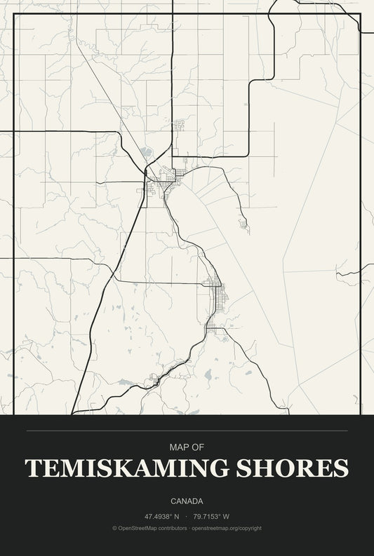 Temiskaming Shores, Canada City Map Aluminum Sign in Museum Plaque style
