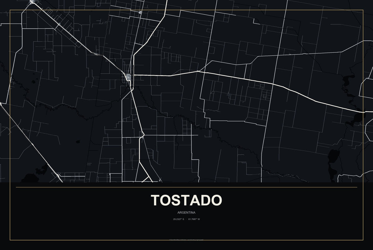 Tostado, Argentina City Map Aluminum Sign in Metropolitan Noir style