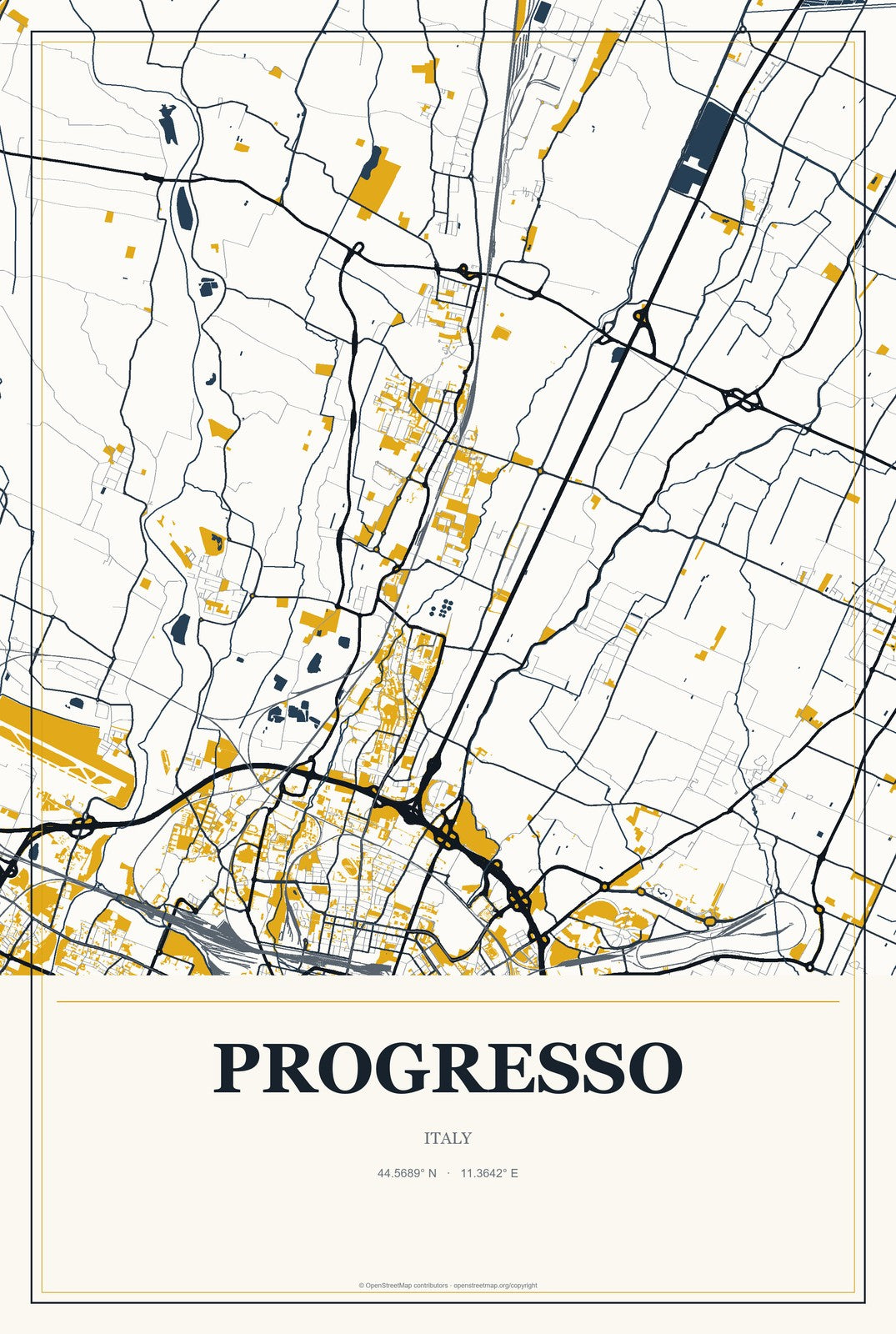 Progresso, Italy City Map Aluminum Sign in Citrine Modern style