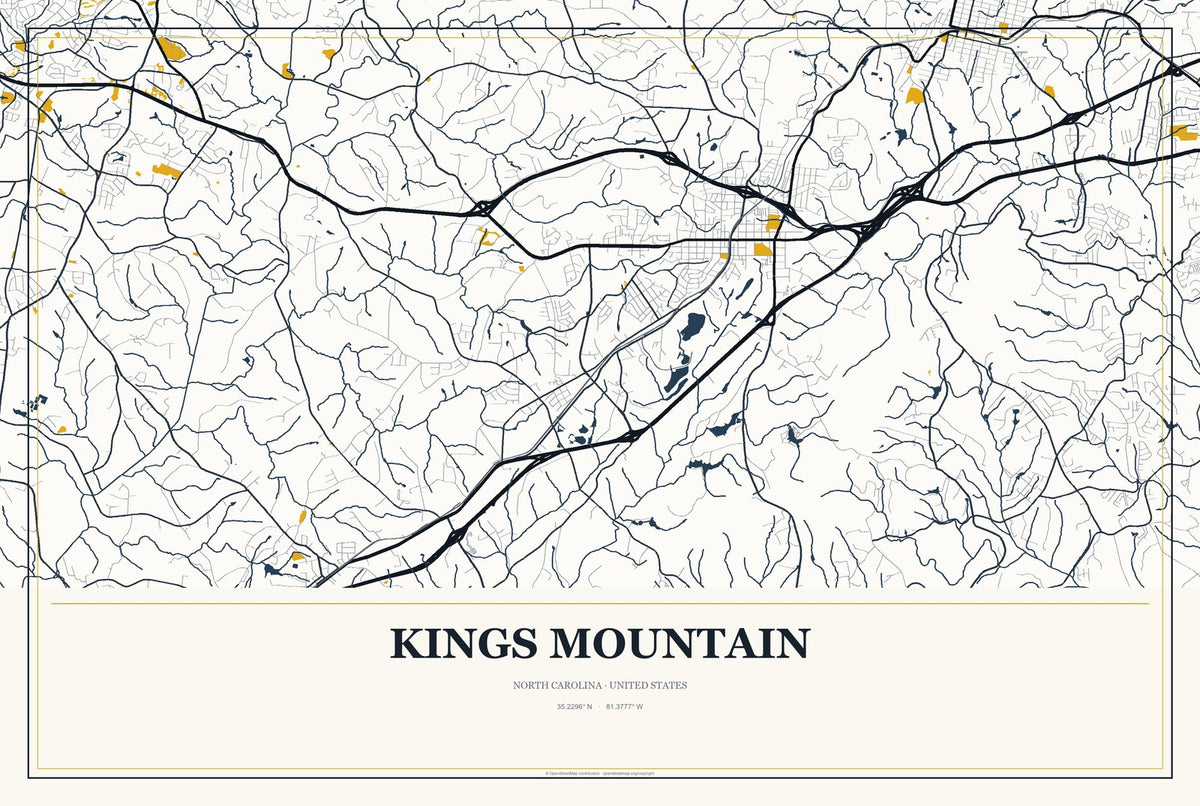 Kings Mountain, North Carolina City Map Aluminum Sign in Citrine Modern style