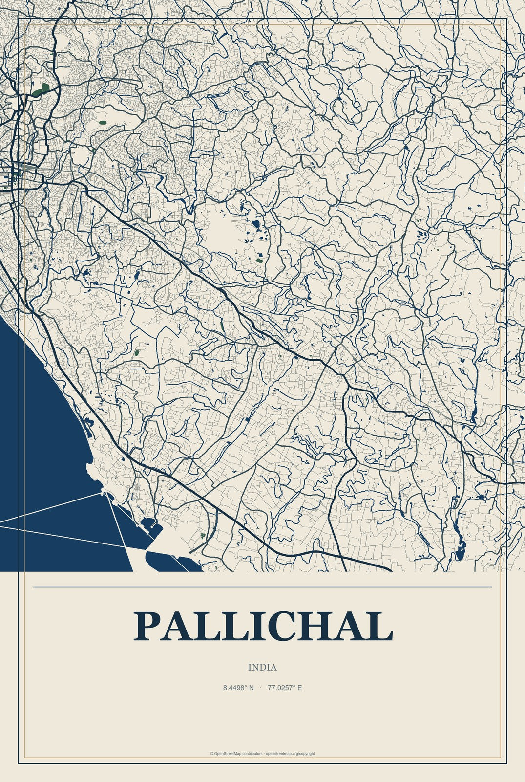 Pallichal, India City Map Aluminum Sign in Coastal Cutout style