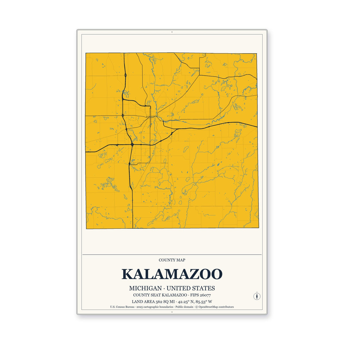 Kalamazoo County, Michigan Map Aluminum Sign in Citrine Modern style
