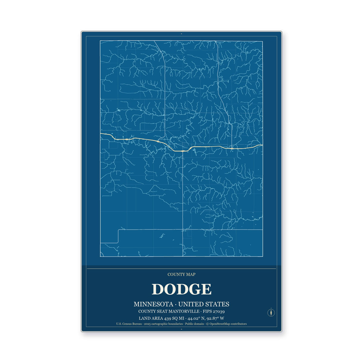 Dodge County, Minnesota Map Aluminum Sign in Harbor Cobalt style