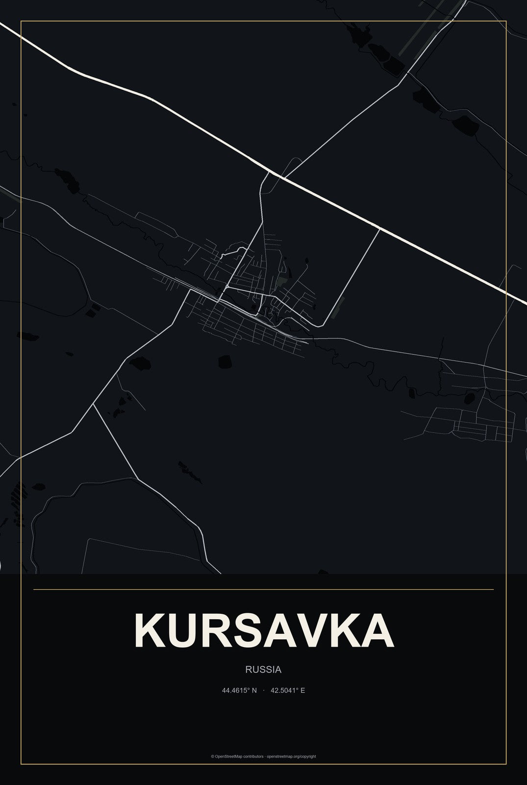 Kursavka, Russia City Map Aluminum Sign in Metropolitan Noir style