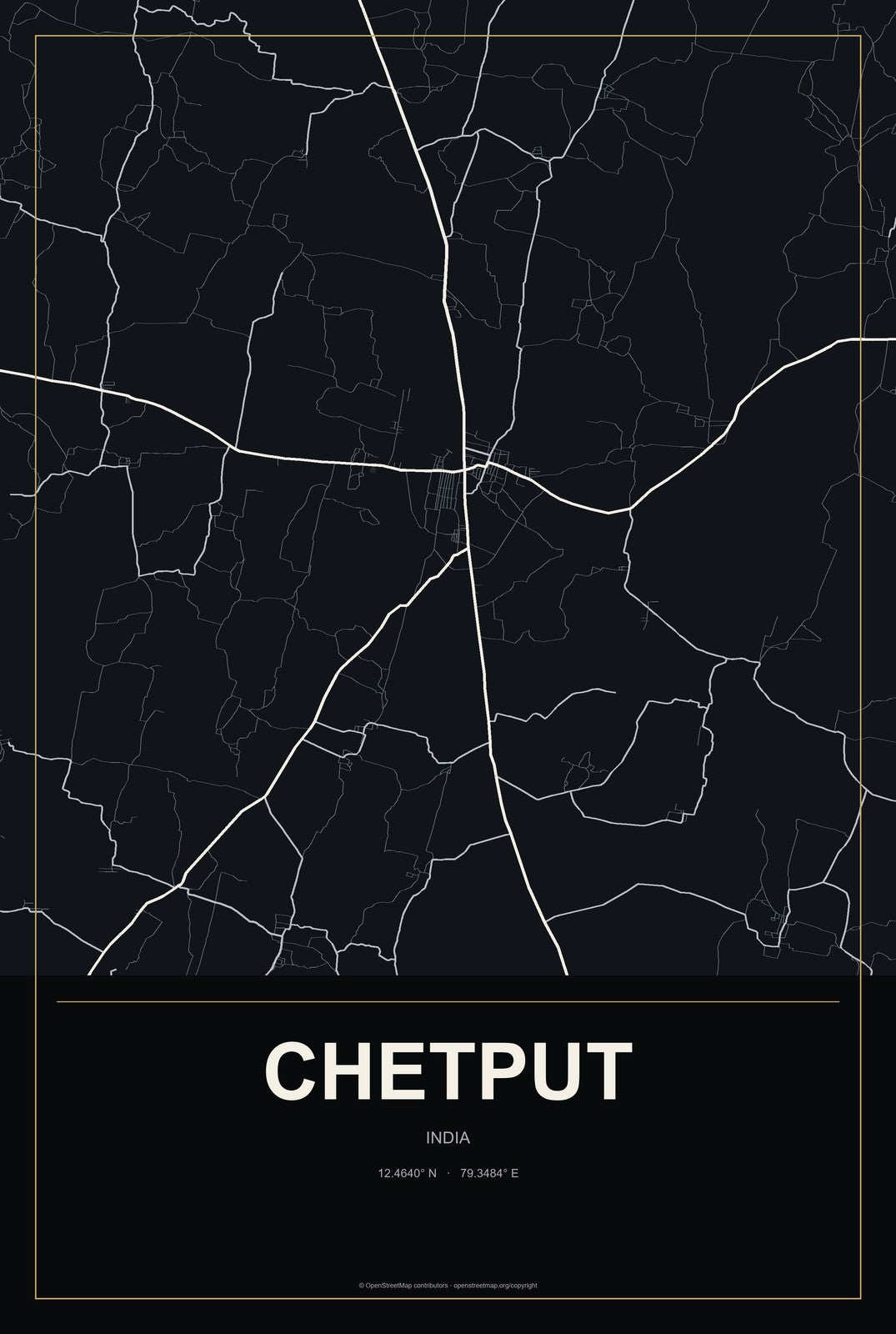 Chetput, India City Map Aluminum Sign in Metropolitan Noir style