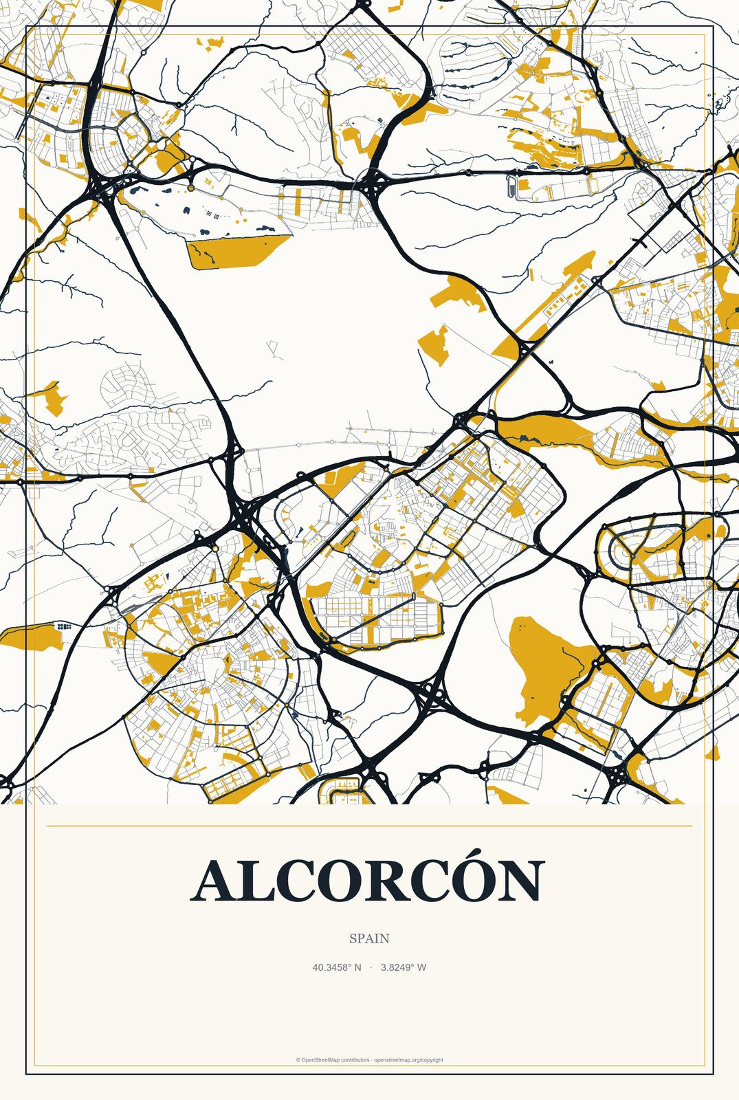 Alcorcón, Spain City Map Aluminum Sign in Citrine Modern style