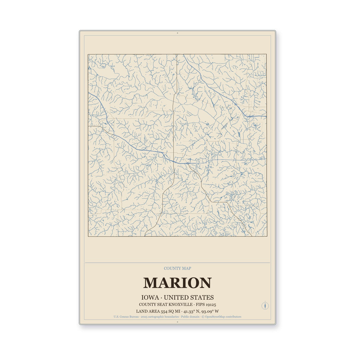 Marion County, Iowa Map Aluminum Sign in Heritage Nautical style