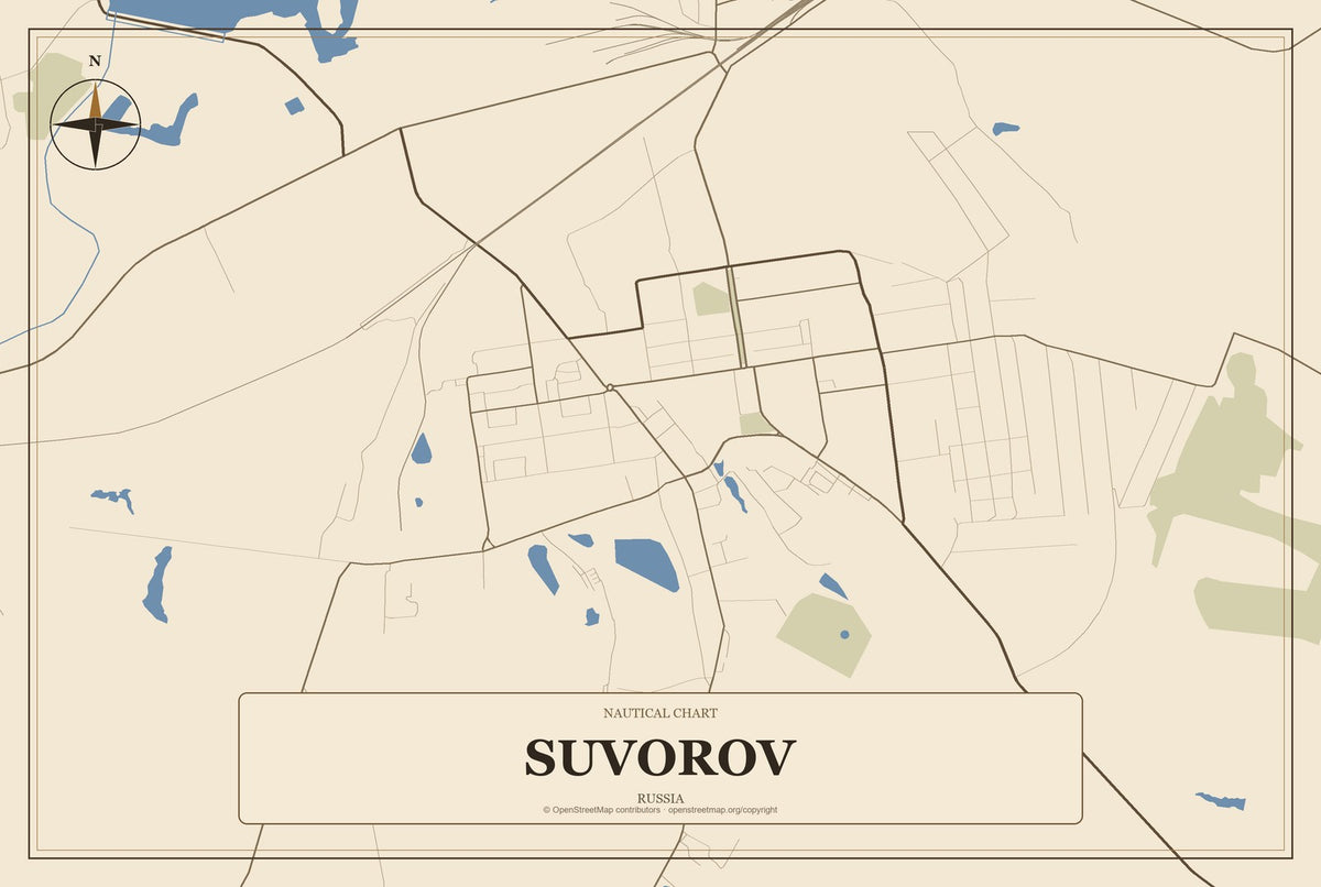 Suvorov, Russia City Map Aluminum Sign in Heritage Nautical style