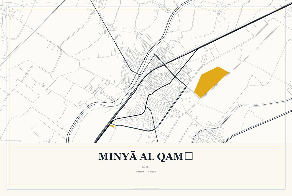 Minyā al Qamḩ, Egypt City Map Aluminum Sign in Citrine Modern style