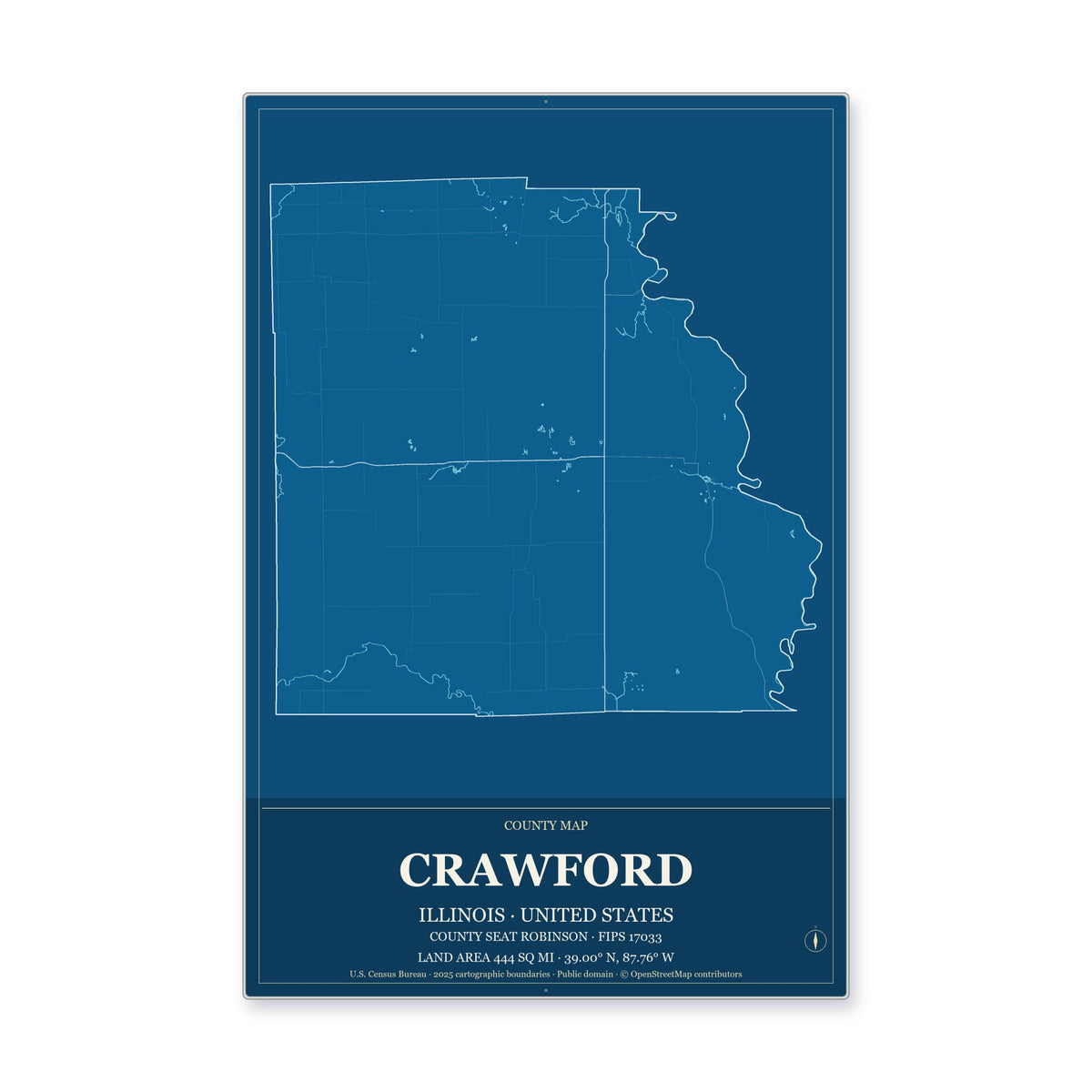 Crawford County, Illinois Map Aluminum Sign in Harbor Cobalt style