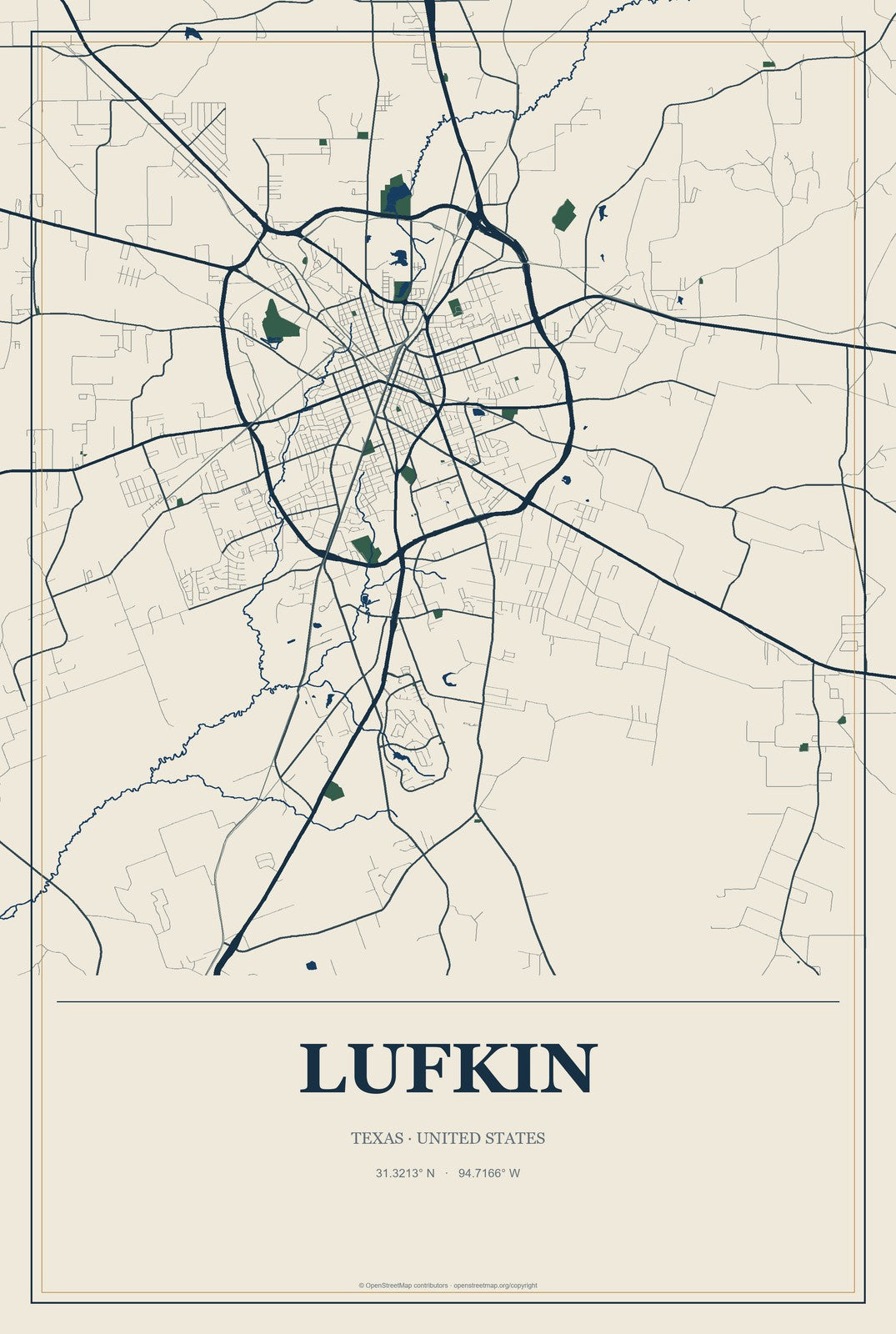 Lufkin, Texas City Map Aluminum Sign in Coastal Cutout style