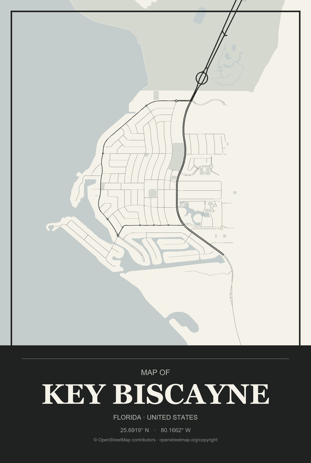 Key Biscayne, Florida City Map Aluminum Sign in Museum Plaque style