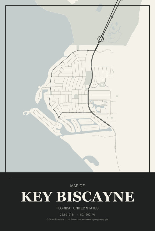Key Biscayne, Florida City Map Aluminum Sign in Museum Plaque style