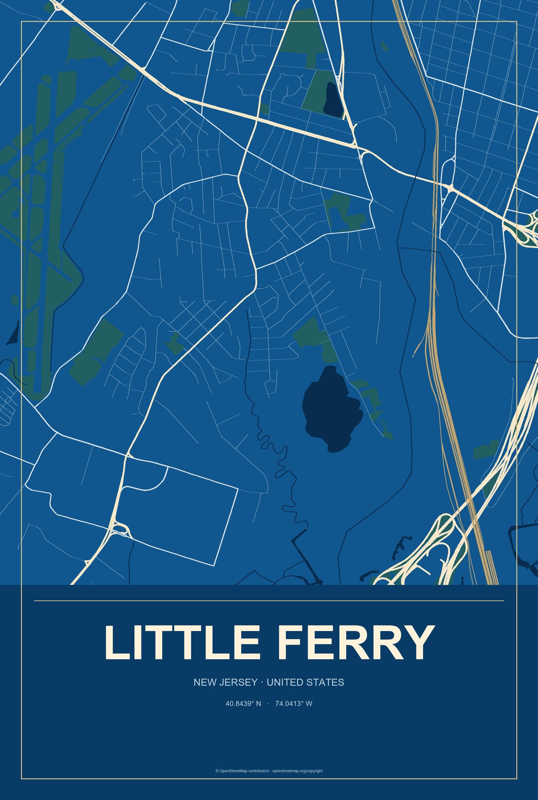 Little Ferry, New Jersey City Map Aluminum Sign in Harbor Cobalt style