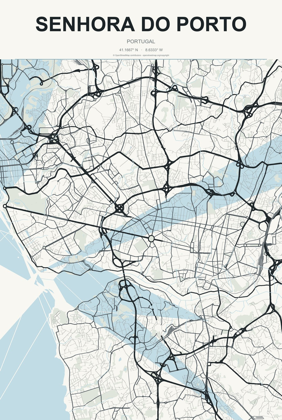 Senhora do Porto, Portugal City Map Aluminum Sign in Headline Atlas style