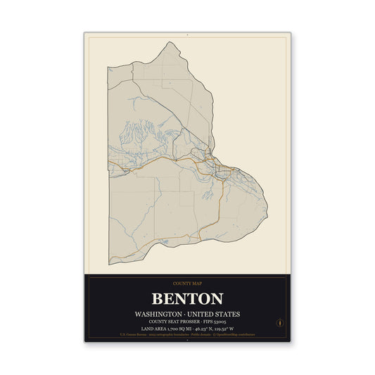 Benton County, Washington Map Aluminum Sign in Museum Plaque style