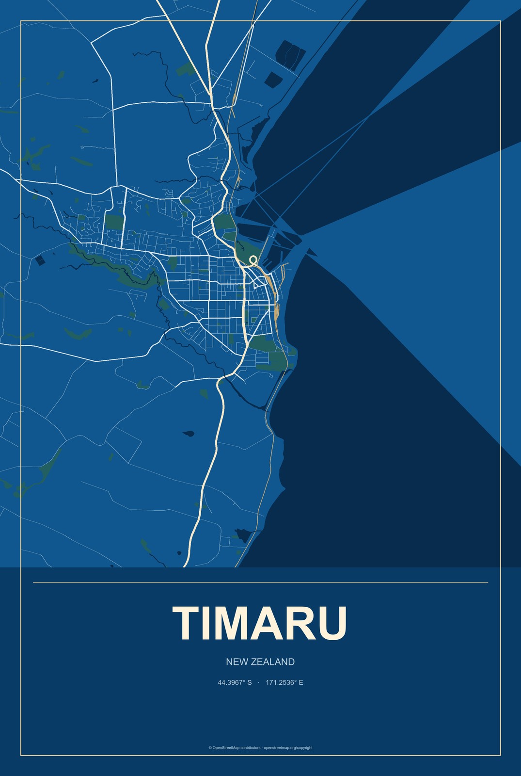 Timaru, New Zealand City Map Aluminum Sign in Harbor Cobalt style