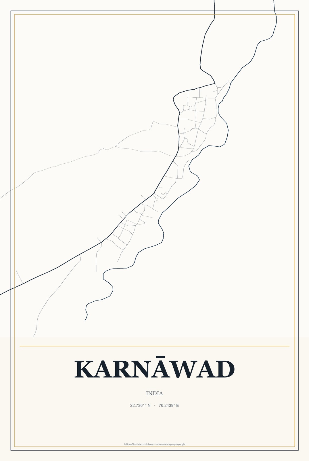Karnāwad, India City Map Aluminum Sign in Citrine Modern style