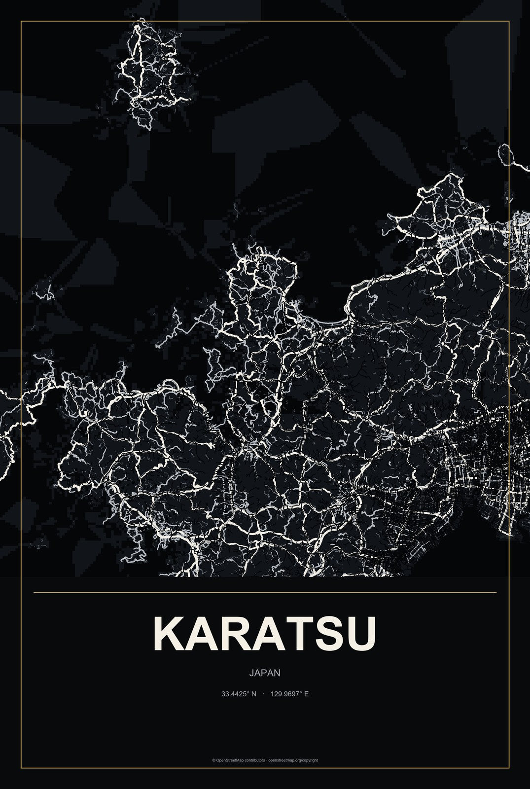 Karatsu, Japan City Map Aluminum Sign in Metropolitan Noir style