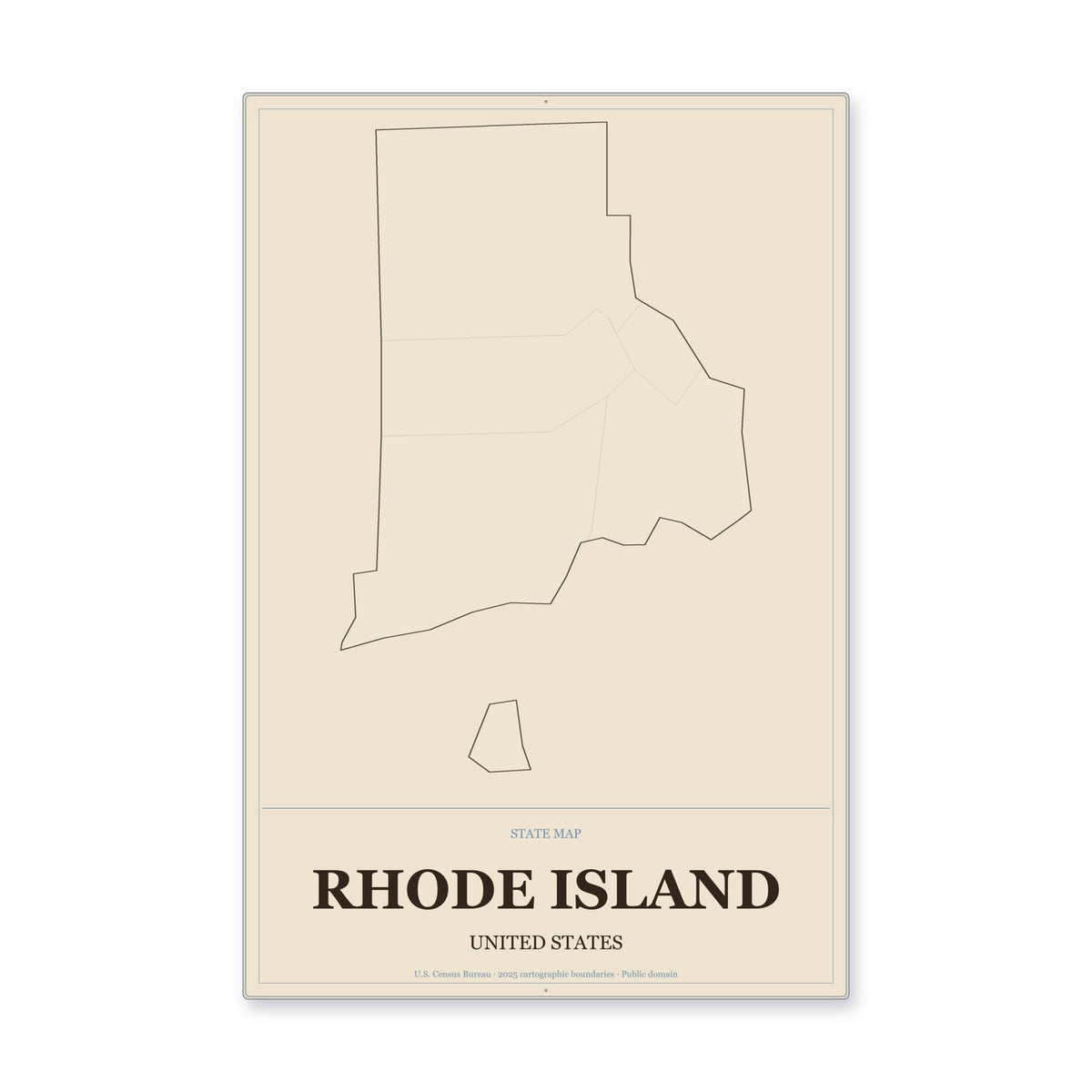 Rhode Island state map aluminum sign in Heritage Nautical style