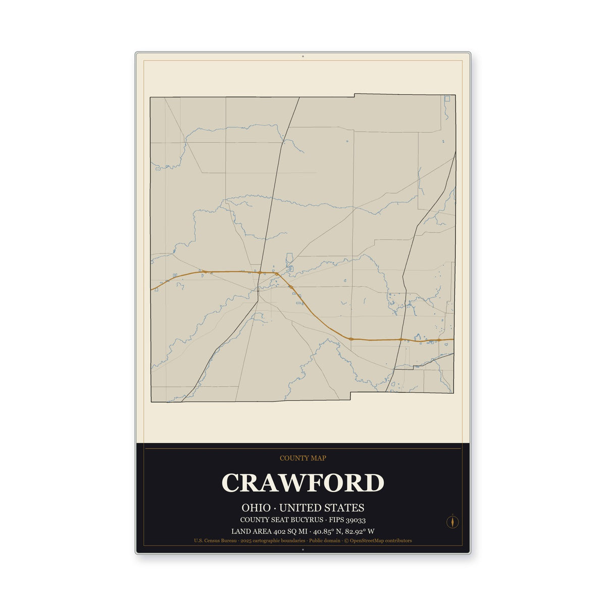 Crawford County, Ohio Map Aluminum Sign in Museum Plaque style