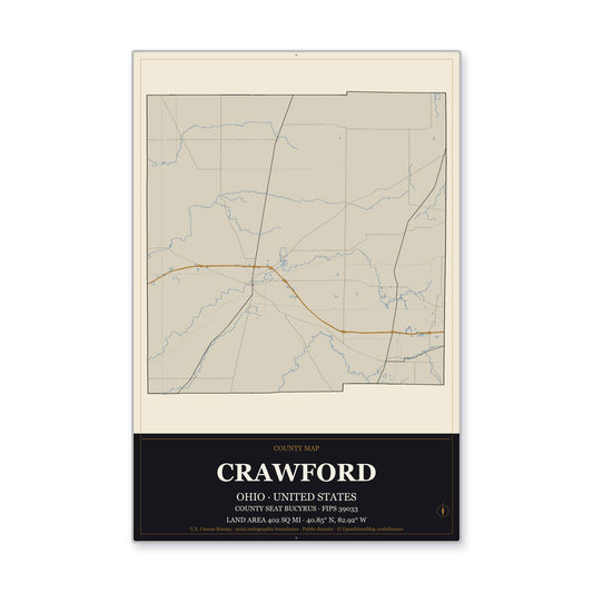 Crawford County, Ohio Map Aluminum Sign in Museum Plaque style
