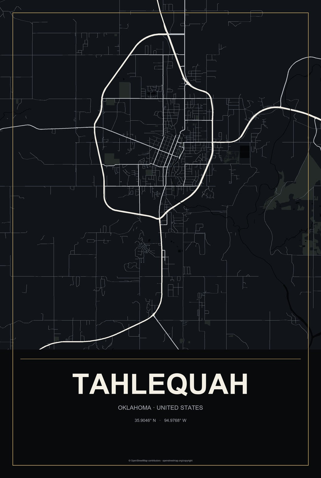 Tahlequah, Oklahoma City Map Aluminum Sign in Metropolitan Noir style