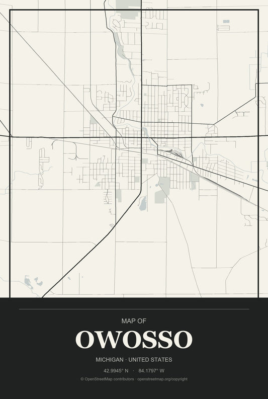 Owosso, Michigan City Map Aluminum Sign in Museum Plaque style