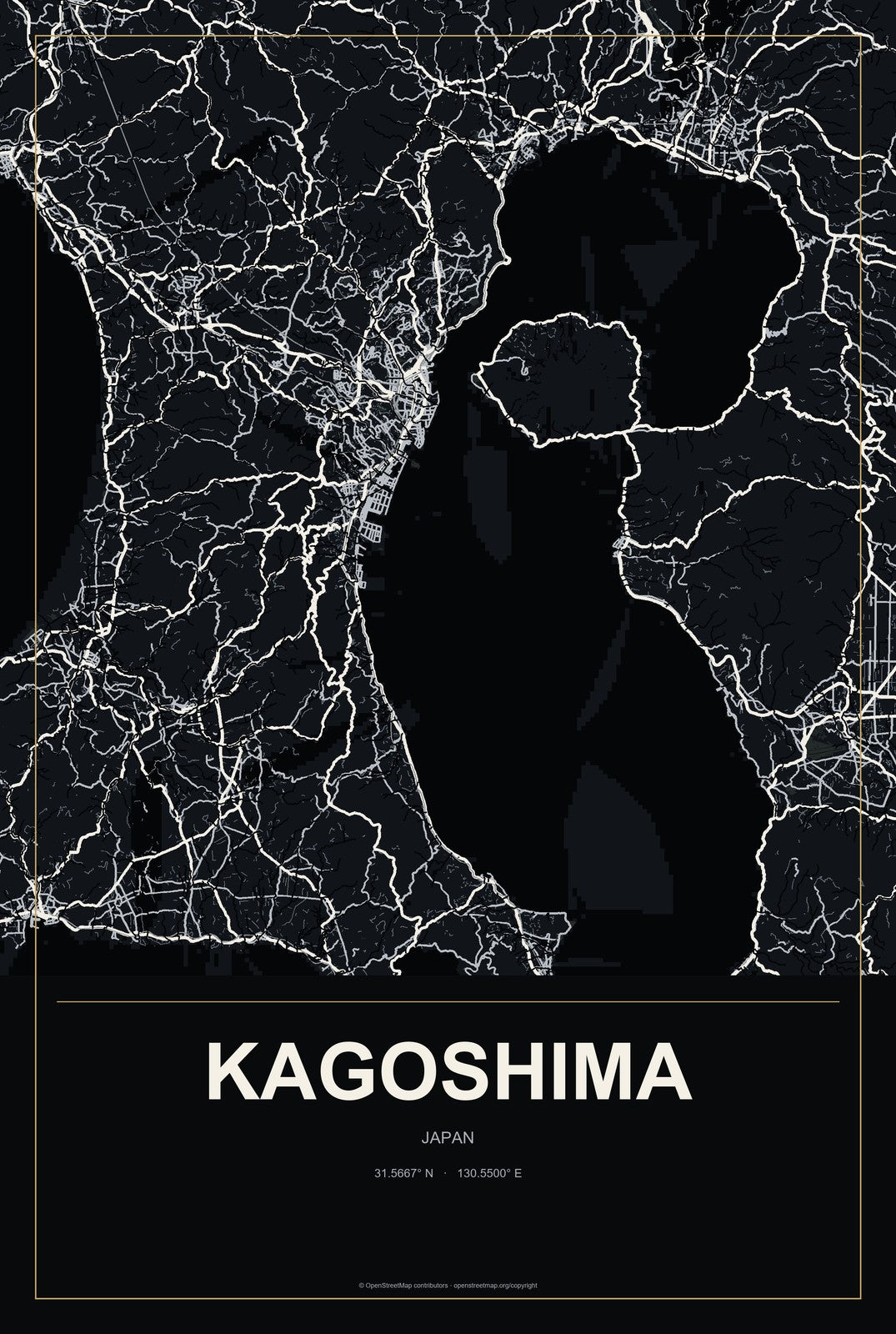 Kagoshima, Japan City Map Aluminum Sign in Metropolitan Noir style
