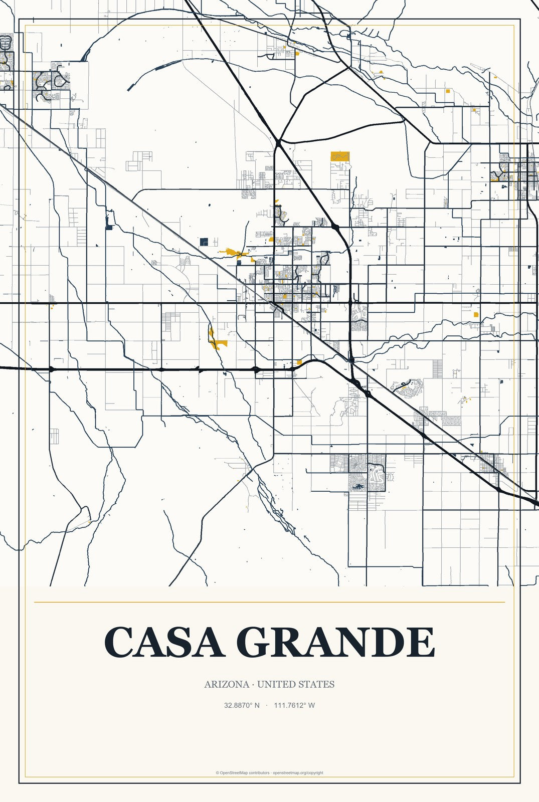 Casa Grande, Arizona City Map Aluminum Sign in Citrine Modern style