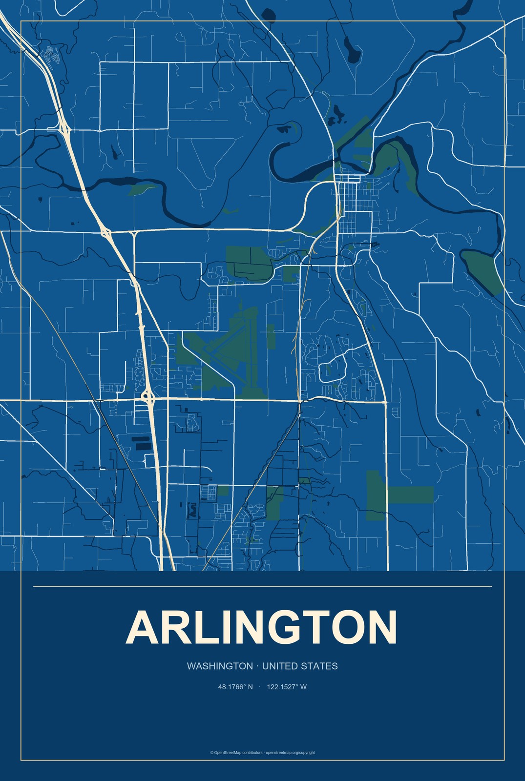 Arlington, Washington City Map Aluminum Sign in Harbor Cobalt style