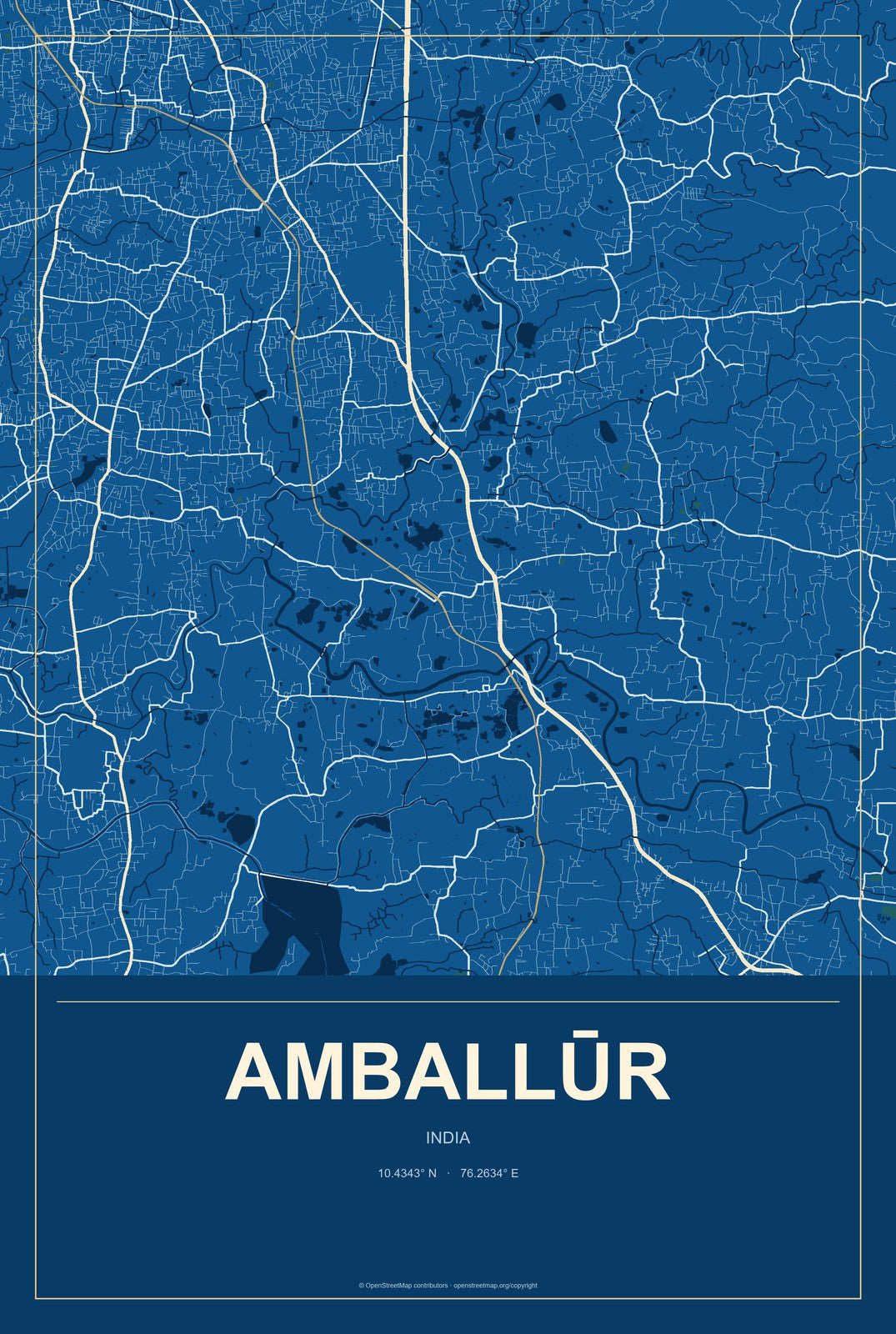 Amballūr, India City Map Aluminum Sign in Harbor Cobalt style
