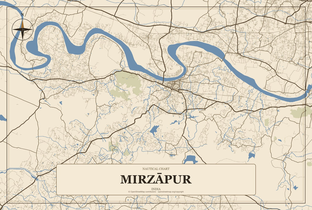 Mirzāpur, India City Map Aluminum Sign in Heritage Nautical style