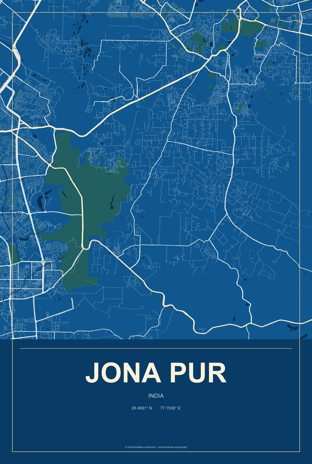 Jona Pur, India City Map Aluminum Sign in Harbor Cobalt style