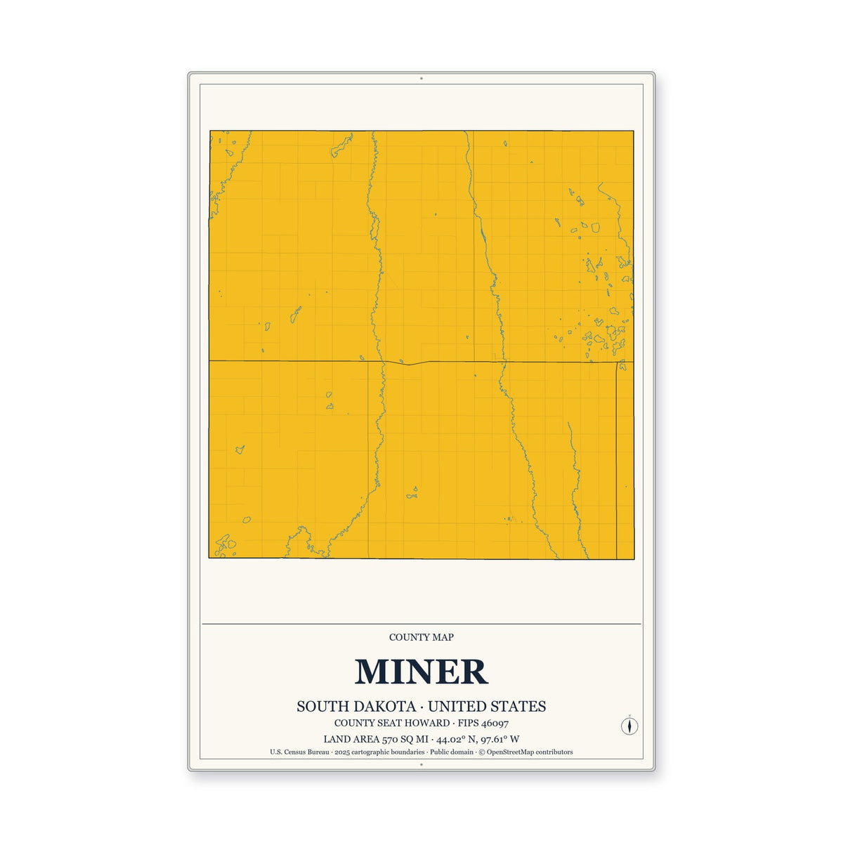 Miner County, South Dakota Map Aluminum Sign in Citrine Modern style