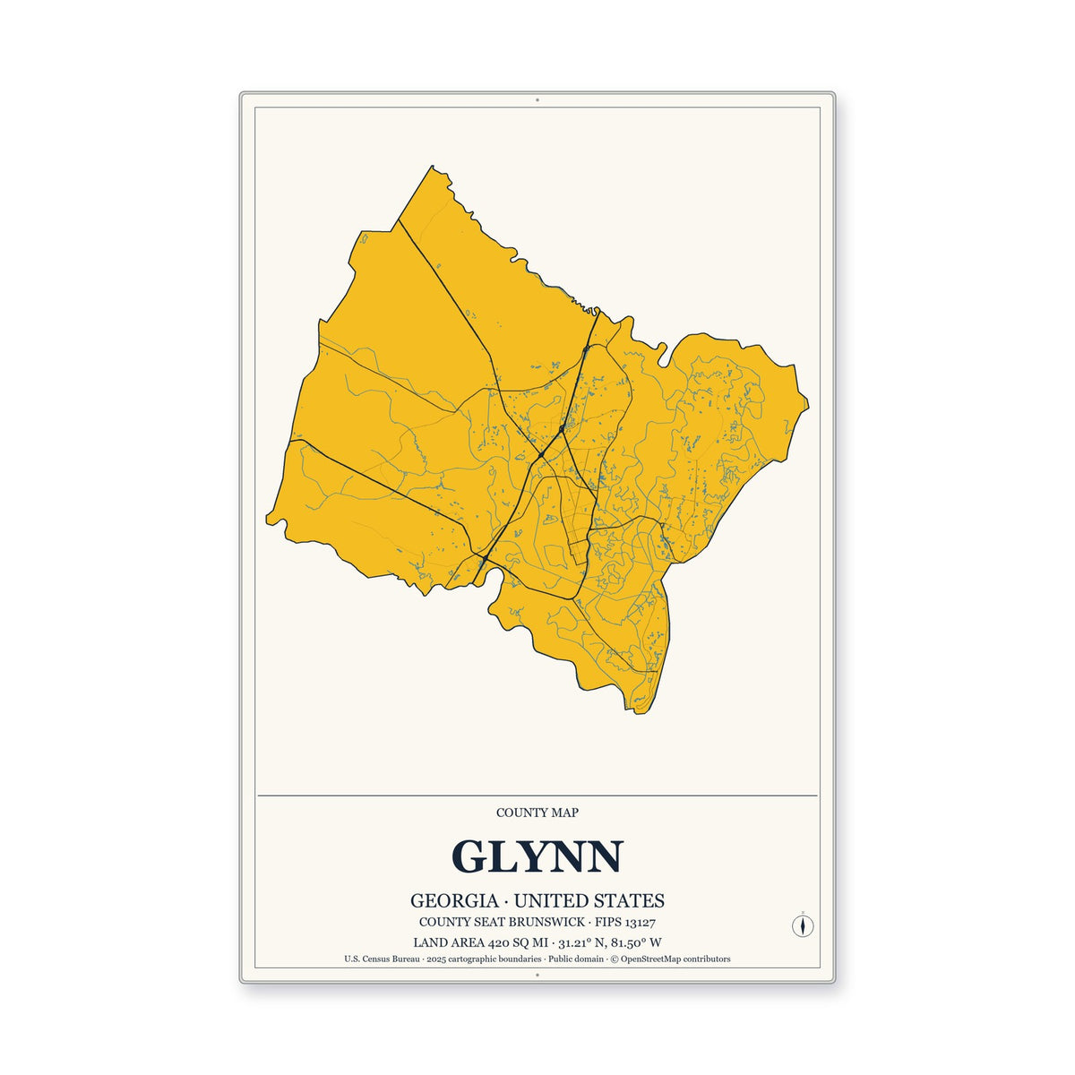 Glynn County, Georgia Map Aluminum Sign in Citrine Modern style